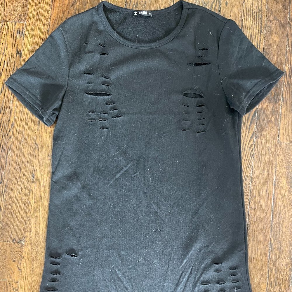SHEIN Women's Ripped Black T-Shirt Dress - Grunge Short Sleeve Tall Shirt